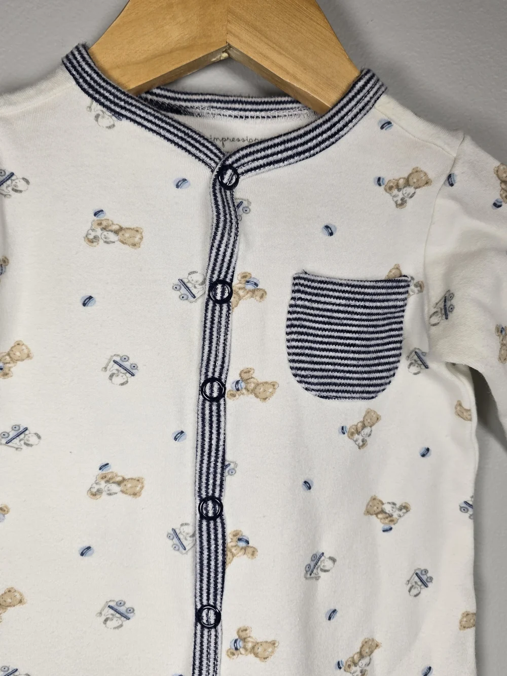 First Impressions White Footed One-Piece with Navy Trim and Puppy Print